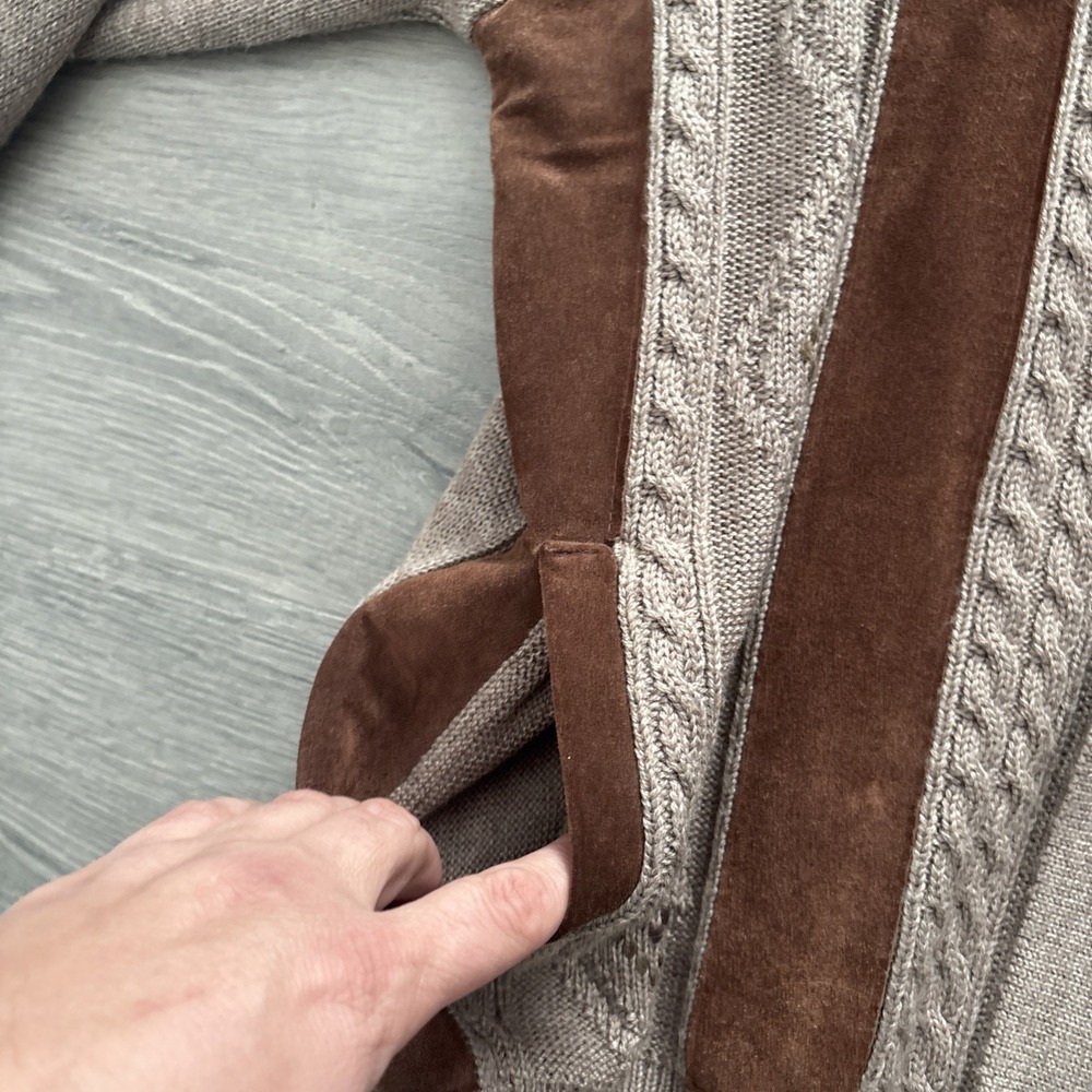 VTG Norm Thompson Mens L Cosby Leather Wool Cable Knit Cardigan Sweater Italy - Picture 6 of 16